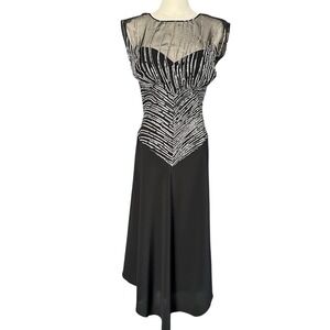 Vintage 80s New Leaf by Samir Black Beaded Illusion Gown  Chevron Sequin Dress 8